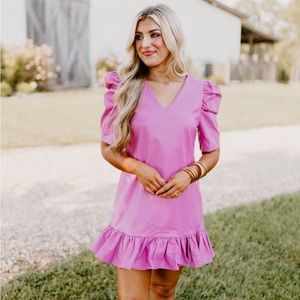 Pink Leather Puff Sleeve Dress